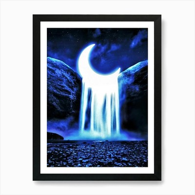 Fantasy Mond und Wasserfall Kunstdruck gerahmtes Wandbild Poster Leinwanddruck Bild