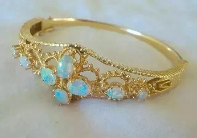 3.25Ct Oval Cut Natural Fire Opal Bangle Bracelet 14K Yellow Gold Plated Silver - Image 2 of 4