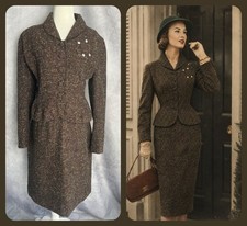 Vintage 1950s Friedmont Brown Tweed Confetti Wool Skirt Suit Jacket Set Sz M/L
