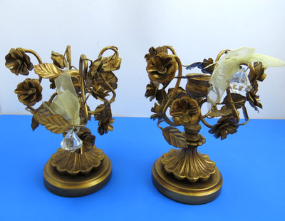 Copper Brass Tone Italian Gilt Deco Style Floral Vine Candle Holder Pair 8''