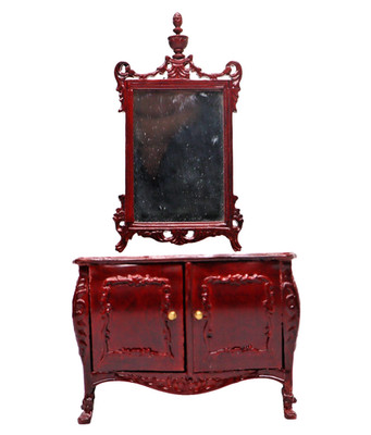 2pc BESPAQ dollhouse miniature 1:12 mahogany French Bombe commode + mirror vtg