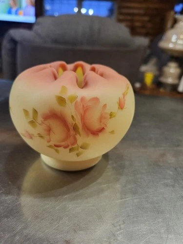FENTON GLASS BURMESE CRIMPED VASE HAND PAINTED FLORAL ROSES SIGNED URANIUM