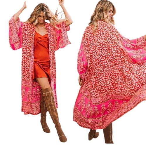 Red Kimono Sheer Floral Robe One Size Bohemian Loungewear