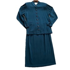 Vtg Schrader Knit Wool Blend Suit Women  s 12 Teal Bluegreen Midi Quiet Luxury