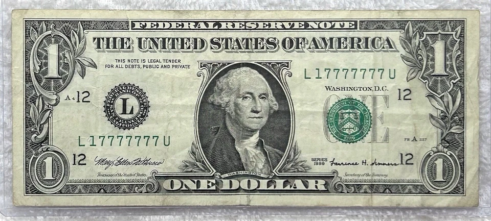 17777777 - Fancy Seven In A Row Serial 1999 $1 Bill Federal Reserve Note - Image 2 of 3