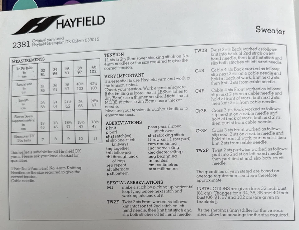 Hayfield  knitting pattern 2381. DK sweater 32-40". NEW, ex Shop Stock  - Image 2 of 2