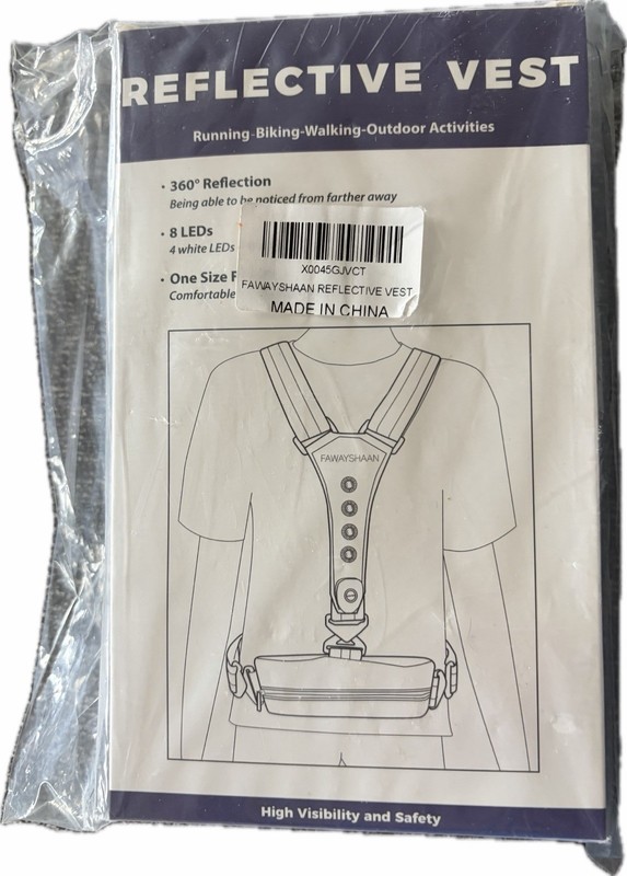 Fawayshaan reflective vest with built-in LEDs and a waist pouch.
