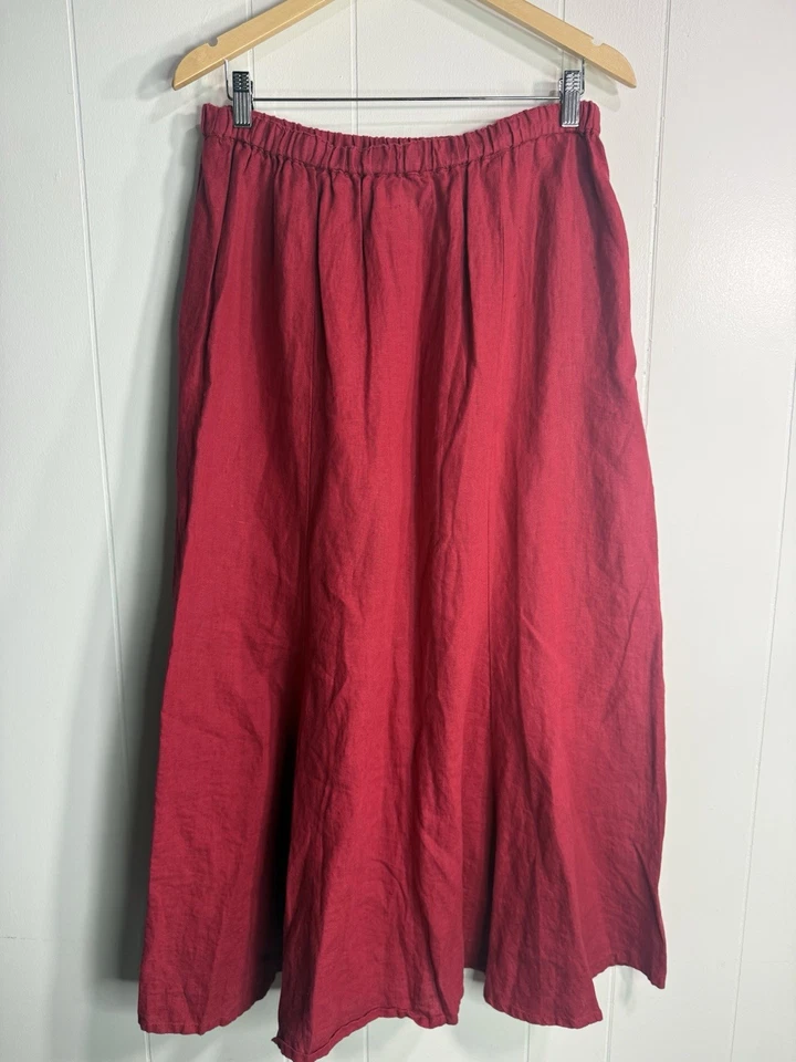 Maxi Falda Lino Para Mujer M Roja Larga Lino Acampanada Falda Elástica Residuos Foto 4 de 4