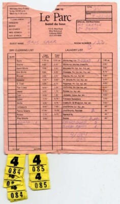 Kiss Eric Carr Le Parc Hotel de luxe W. Hollywood Laundry Form 7/23/82