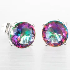8mm Round Rainbow Mystic Topaz Silver Jewelry Stud Pierced Earrings