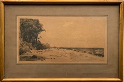 Radierung Carl Bloch Am Strand 1883 Maritim mit Schiffen am Horizont Vintage - Bild 1 von 4