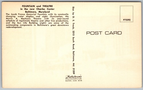 Vtg Baltimore MD Charles Center Fountain & Morris A Mechanic Theatre Postcard - Picture 2 of 2