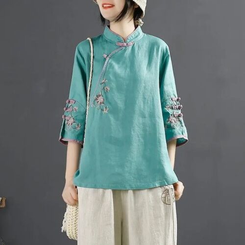 Women Blouse Top Floral Shirt Ethnic Embroidery 3/4 Sleeve Frog Button Retro - Picture 15 of 22