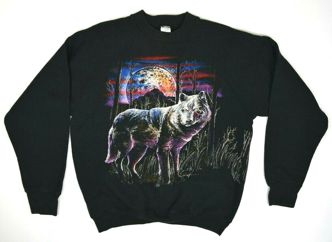 Animal Print Sweatshirt Size M/L Vintage 90s Wolf Moon