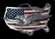 NICE US FLAG BELT BUCKLE IN SHAPE OF COUNTRY W/FLYING EAGLE VTG. 1989 US MADE