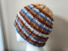 Hand knitted warm and cozy striped wool blend beanie/hat, natural/gold/blue