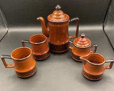 VTG Brown Glaze Tea Pot/Lid Creamer Sugar 2 Mugs Made In Japan