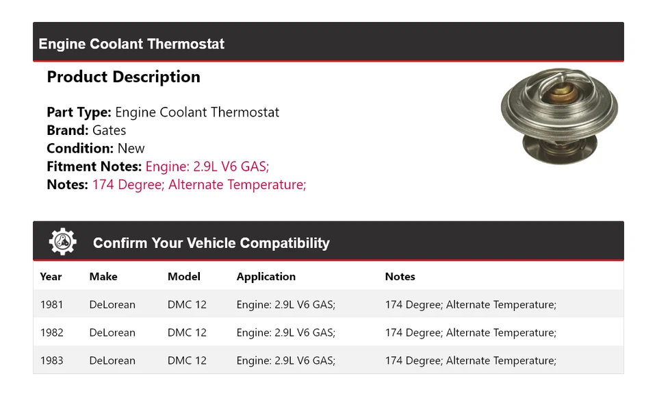 Para 1981-1983 DeLorean DMC 12 2.9L V6 GAS Motor Refrigerante Termostato Puertas 1982 Foto 2 de 4