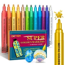 12-Pack Super Golden Metallic Paint Markers 2-3mm Medium Tip Glitter Pens