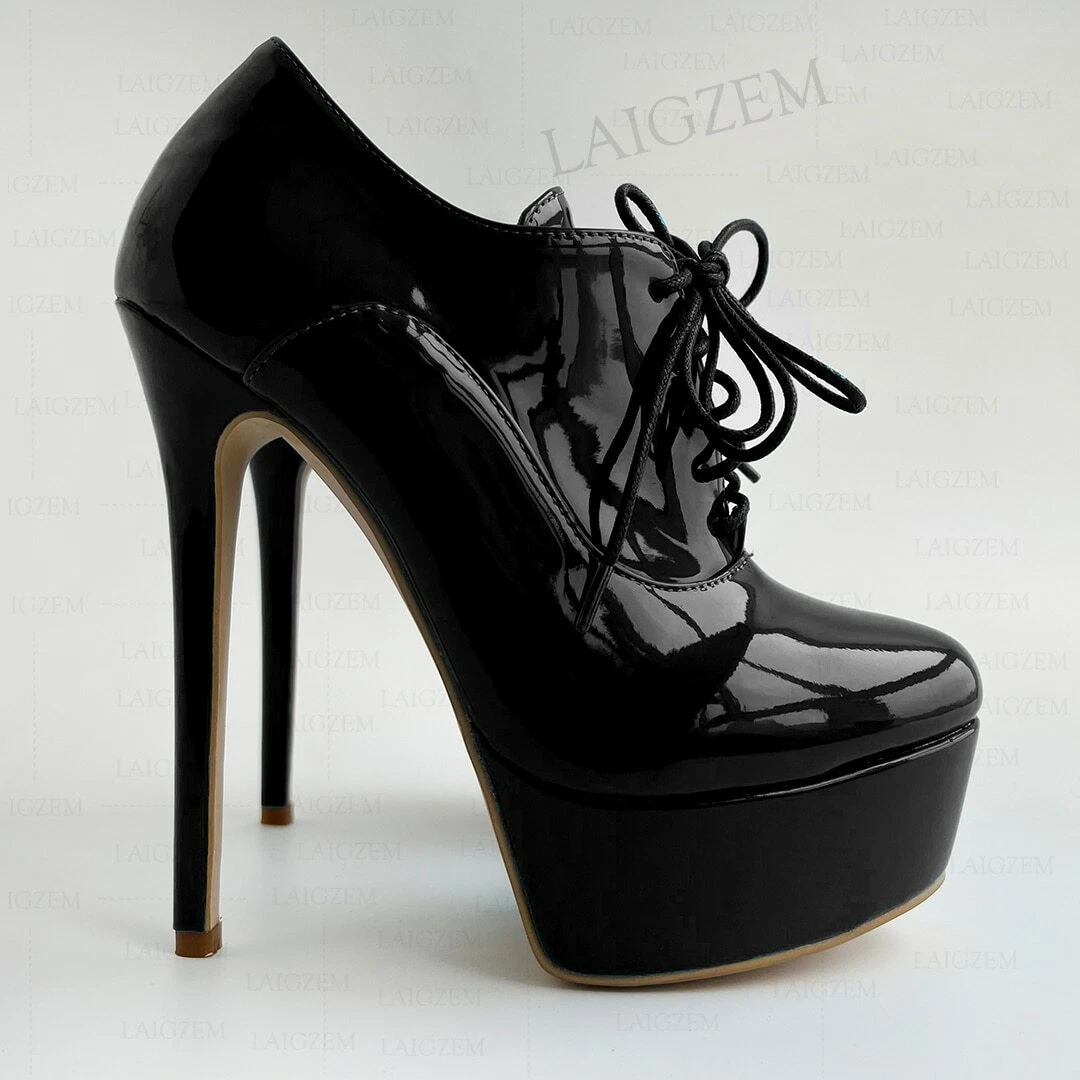 Women Platform Ankle Boots Shiny Lace Up Stiletto High Heels