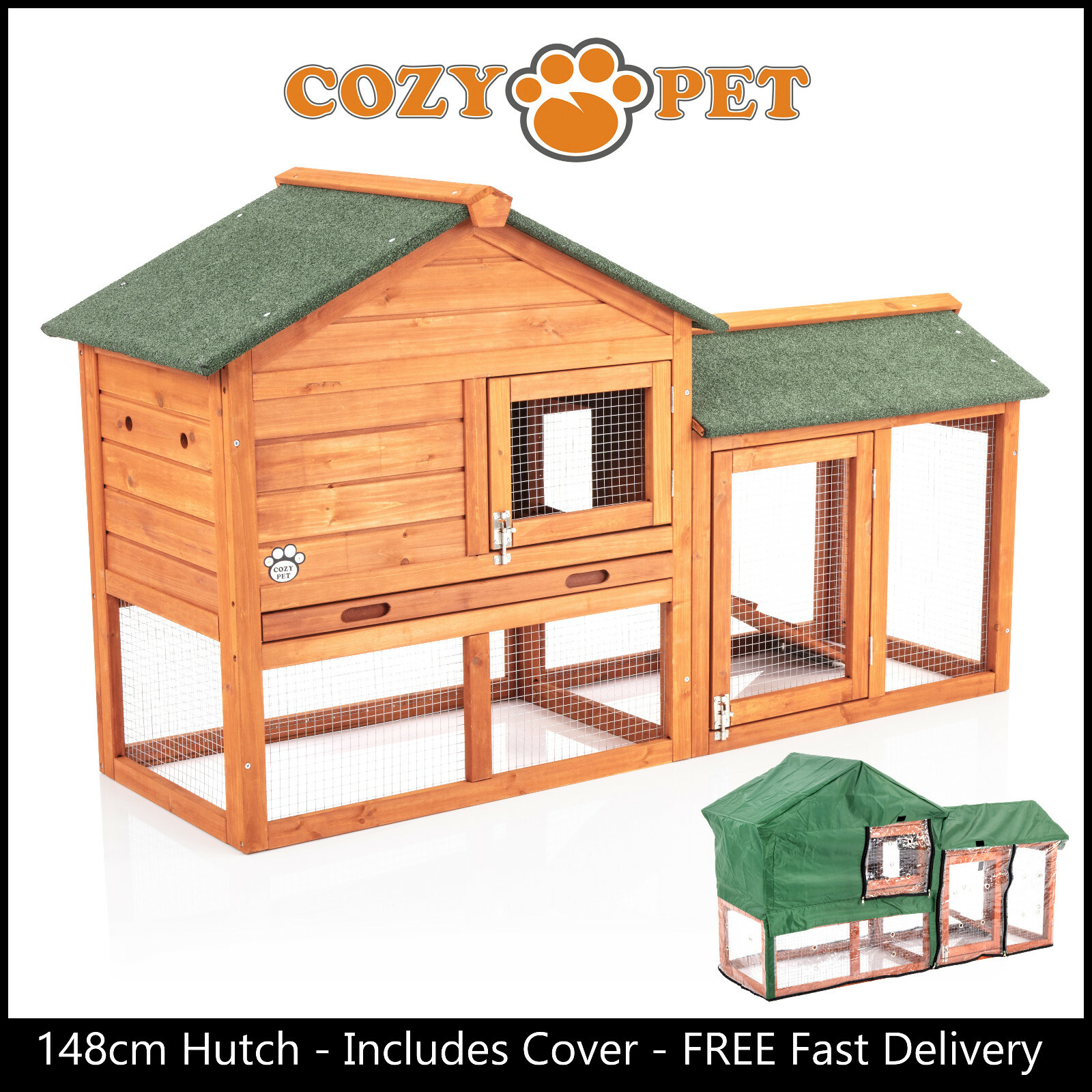 Rabbit Hutch & Cover 148cm Cozy Pet Natural Guinea Pig Hutches Run
