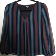 Madewell Pinstripe Sheer Vneck Shirt Womans Size XS Multicolor Long Sleeve