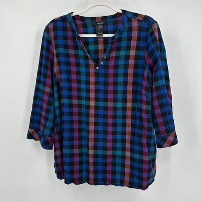 Ali Miles Womens Artsy Lagenlook Plaid Top Size L Boho Colorful Eclectic Indie