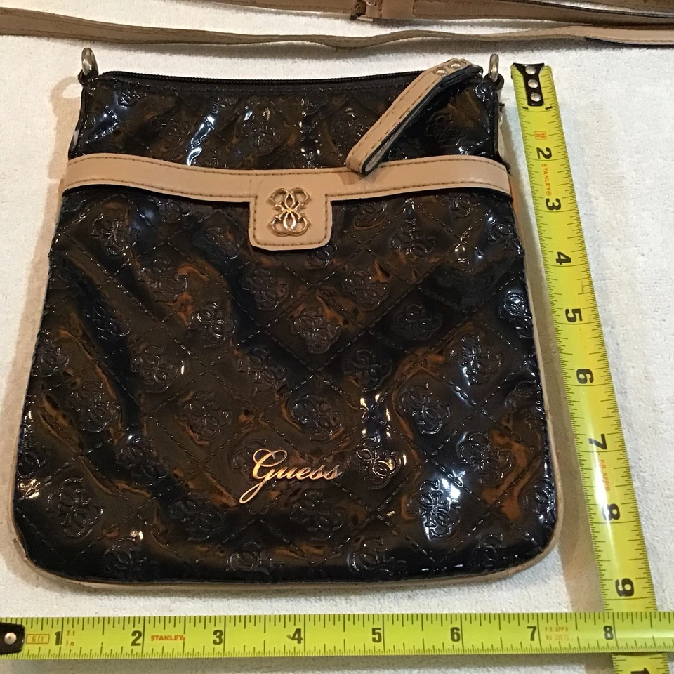 Vintage Guess Black Patent Crossbody Bag  Purse Tan Trim  Y2K Rectangle Retro - Image 4 of 4
