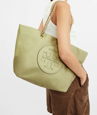 NWT TORY BURCH Ella Chain Tote w/Logo Patch Pocket - Olive Spring Nylon/Leather