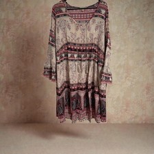 One World Womens 1X Paisley Floral Boho Babydoll Dress Tassel Bell Sleeve  Cream