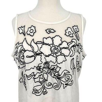 Worthington Floral Embroidered Mesh Upper Tank Top White Black Size Large NWT