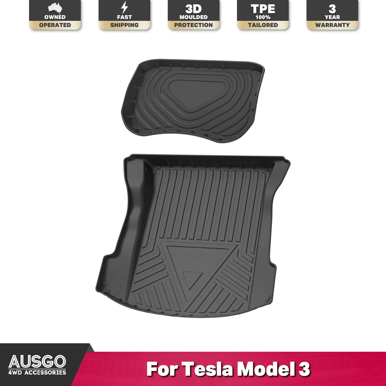 AUSGO Front & Rear Boot Liner Set for Tesla Model 3 2019-2021 Cargo Trunk Mat