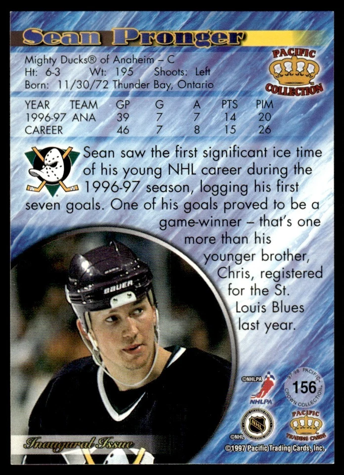 1997 Pacific Crown #156 Sean Pronger - Anaheim Mighty Ducks - Image 2 of 2