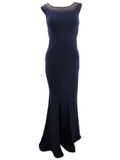 Aqua Women's Embellished Ruffle-Back Gown (0, Navy) 808593583807