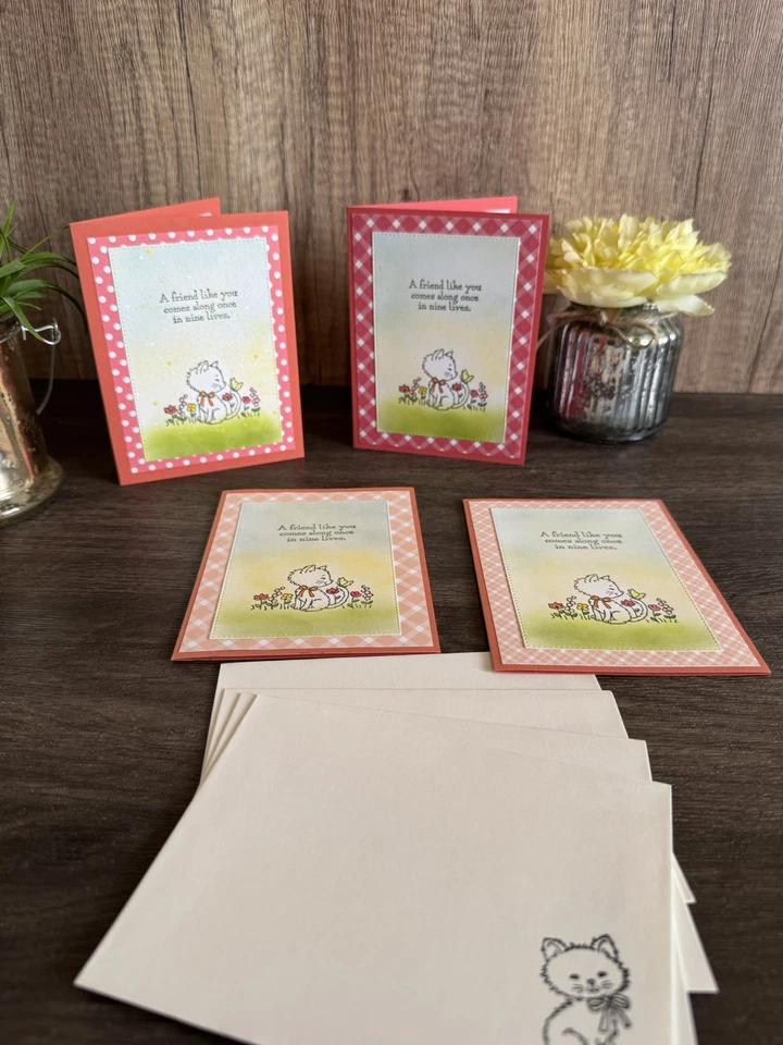 Set of 4 Handmade Greeting Cards – Pretty Kitty  “A Friend Like You” - Image 2 of 4