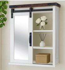 Keft 24" Bathroom Wall Cabinet Sliding Mirror Barn Door Farmhouse Storage White