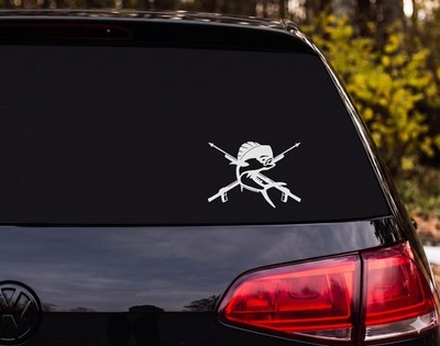 Mahi Mahi Leaping Silhouette Crossed Spearguns Vinyl Decal Sticker Car Window