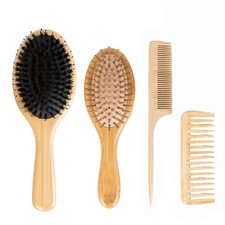 Boar Bristle Hair Brush for Thin and Fine Hair, Set with Bamboo Comb and 3 Ties