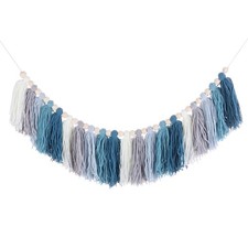Bohemian Yarn Tassel Garland with Wood Beads 3.9Ft Blue Cream Gray Wall Hanging