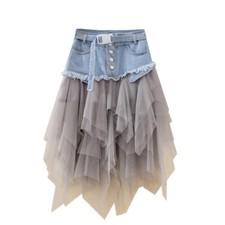Women Denim Mesh Splice Skirt High Waist Asymmetric Frill Tulle Gothic Chic