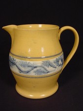 RARE LARGE 1800s PITCHER with BLUE SEAWEED MOCHA MOCHAWARE YELLOW WARE