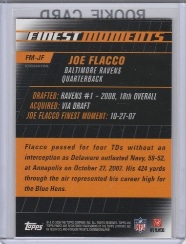JOE FLACCO ROOKIE CARD 2008 Topps Finest REFRACTOR $$ RC Football Ravens Broncos - Picture 2 of 2