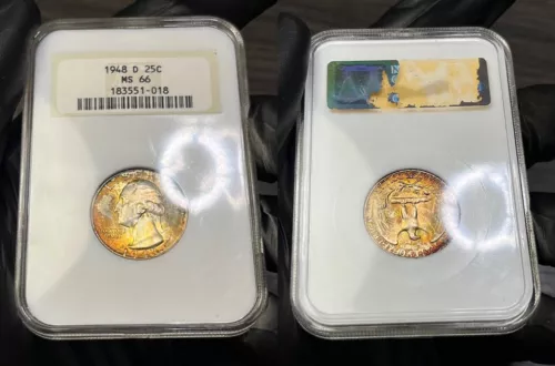 MS66 1948-D 25C Washington Silver Quarter, NGC- Old Fatty Holder, Pretty Toned