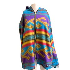 Vintage Handmade Aztec Women s Size Large Fleece Hoodie Blue Tribal Print