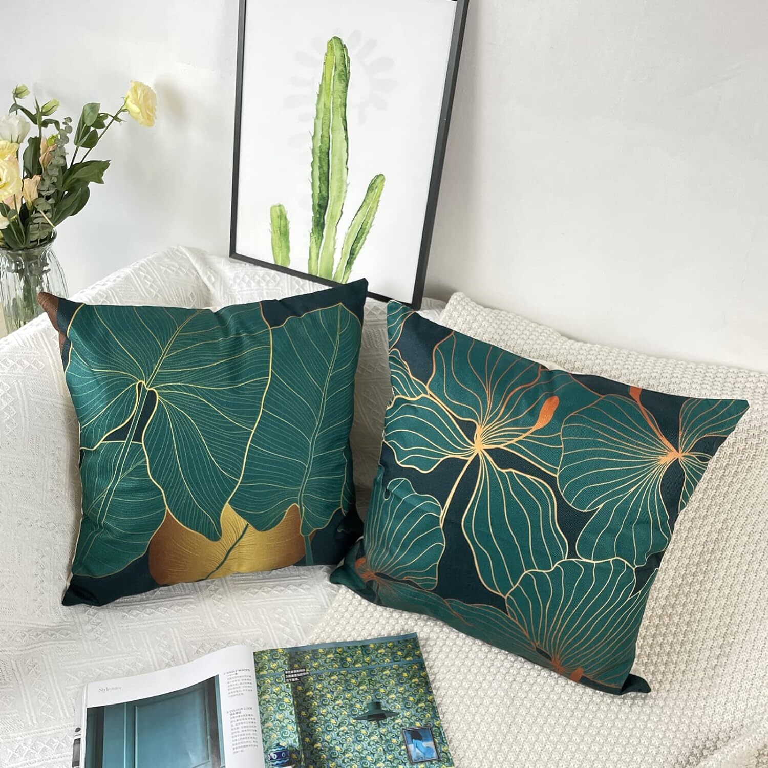 NIULAA Cushion Covers 50cm x 50cm Set of 4 Dark Green and Gold Leaf