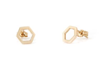 Flache offene Sechseck Ohrstecker 14 Karat Gelbgold Push Back geometrischer Schmuck