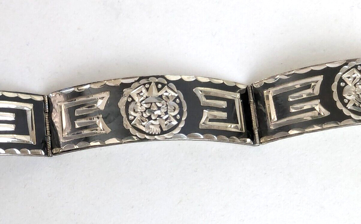 Mexican Sterling Silver Bracelet Etched 5/8" Wide Panel Link signed JC Eagle 4 View 5