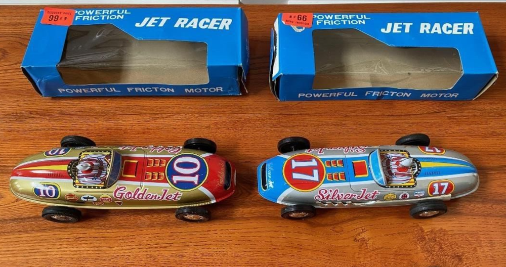 Golden Jet Silver Jet Tin Litho Friction Japan Race Cars Racers w/ Box Nishimura