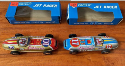 Golden Jet Silver Jet Tin Litho Friction Japan Race Cars Racers in Box Nishimura