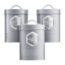 Tea Coffee & Sugar Canisters Bin Jar Storage 3pc Grey/Silver Cooks Professional